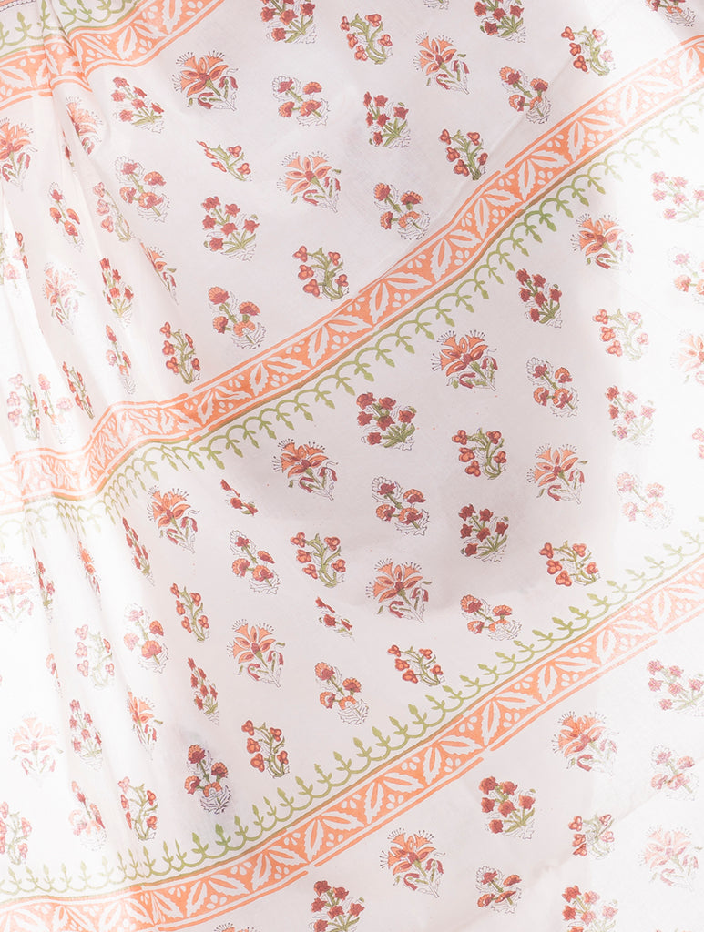 Summer Moods. Sanganeri Mulmul Cotton Saree - White & Peach Floral 