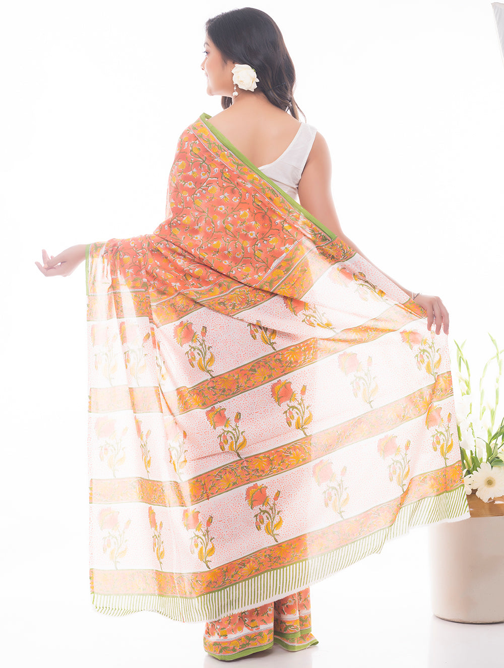 Load image into Gallery viewer, Summer Moods. Sanganeri Mulmul Cotton Saree - Yellow Flora 