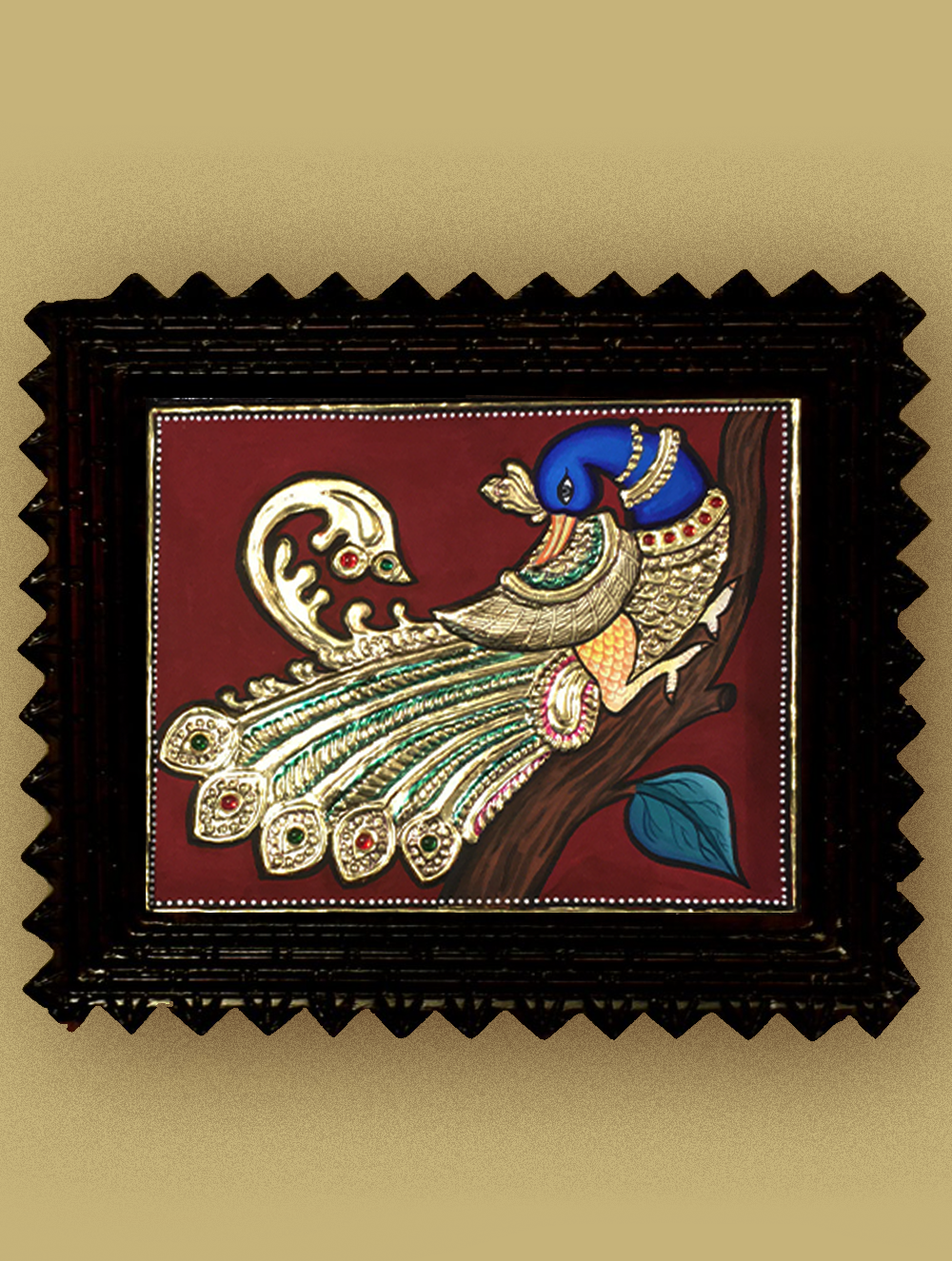 Tanjore Painting In Chettinad Frame - Peacock