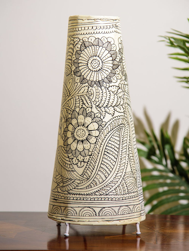 The India Craft House Andhra Black & White Painted Leather Table Lamp Shade - Bird Motif