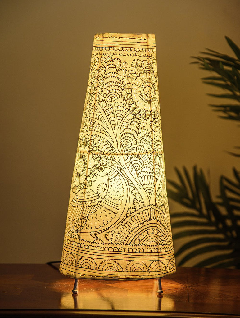 The India Craft House Andhra Black & White Painted Leather Table Lamp Shade - Bird Motif