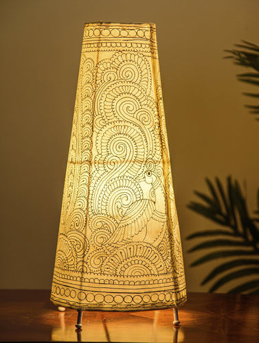 The India Craft House Andhra Black & White Painted Leather Table Lamp Shade - Bird Motif