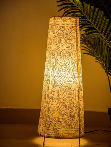 The India Craft House Andhra Black & White Painted Leather Table Lamp Shade - Bird Motif