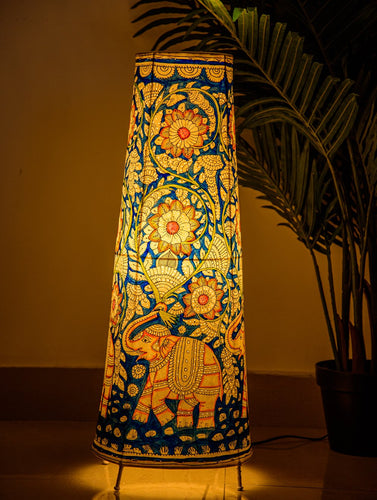 The India Craft House Andhra Black & White Painted Leather Table Lamp Shade - Elephant & Floral Motif