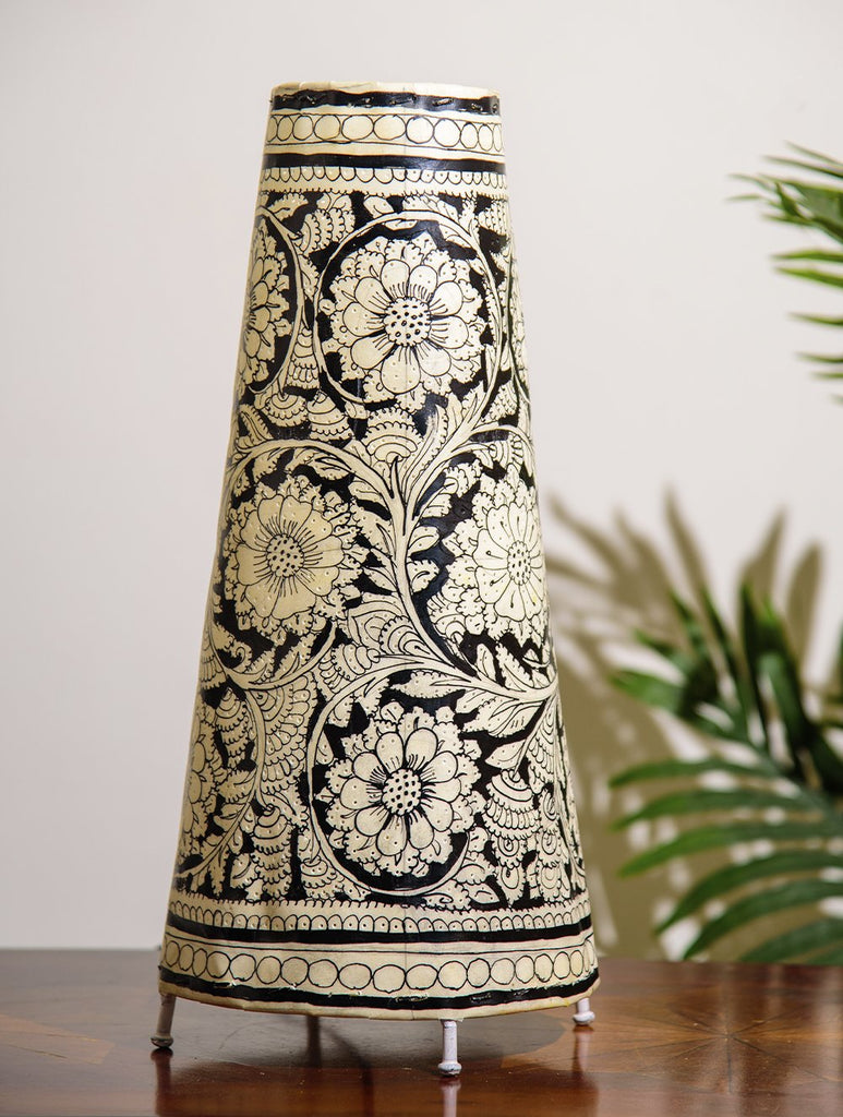 The India Craft House Andhra Black & White Painted Leather Table Lamp Shade - Floral Motif