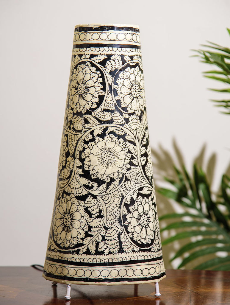 The India Craft House Andhra Black & White Painted Leather Table Lamp Shade - Floral Motif