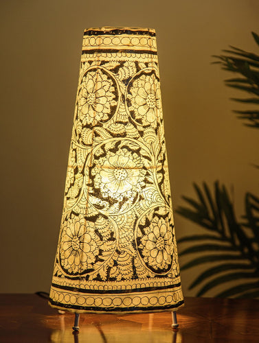 The India Craft House Andhra Black & White Painted Leather Table Lamp Shade - Floral Motif