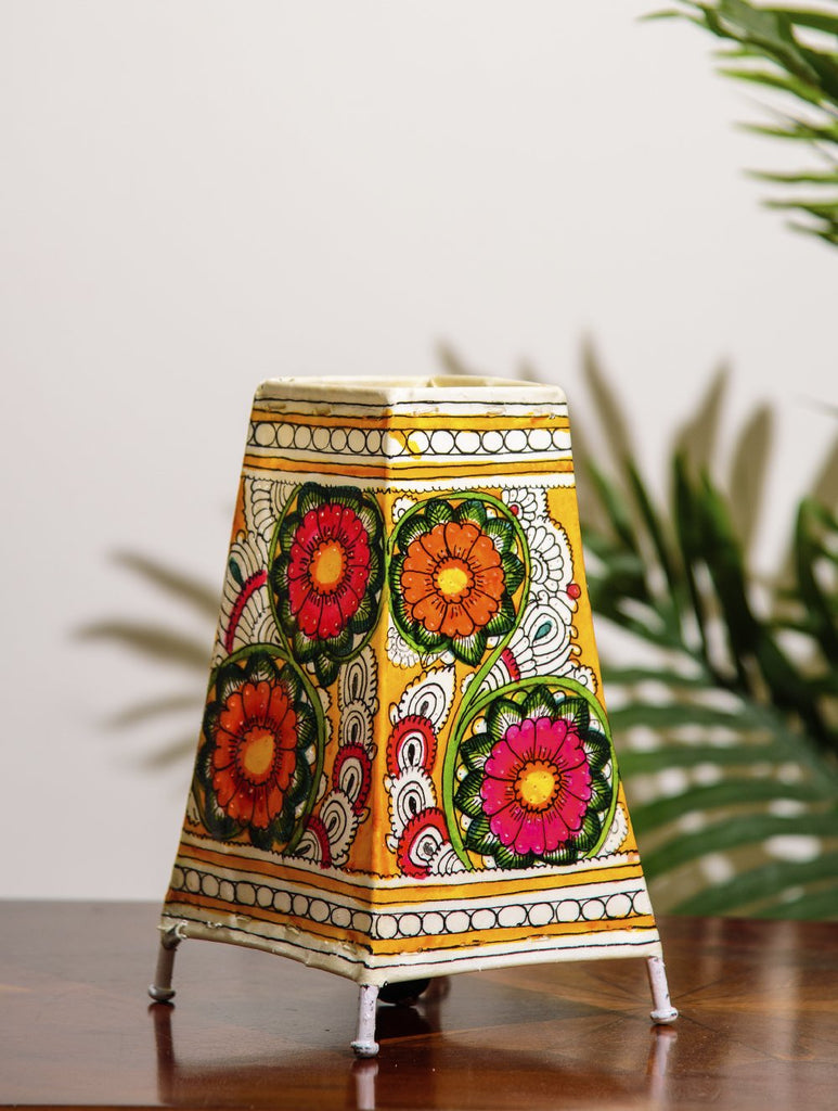 The India Craft House Andhra Multicoloured Painted Leather Table Lamp Shade - Big Floral Motif