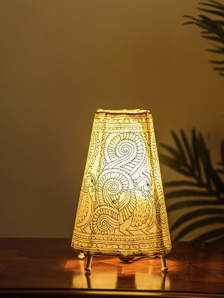 The India Craft House Andhra Multicoloured Painted Leather Table Lamp Shade - Bird Motif