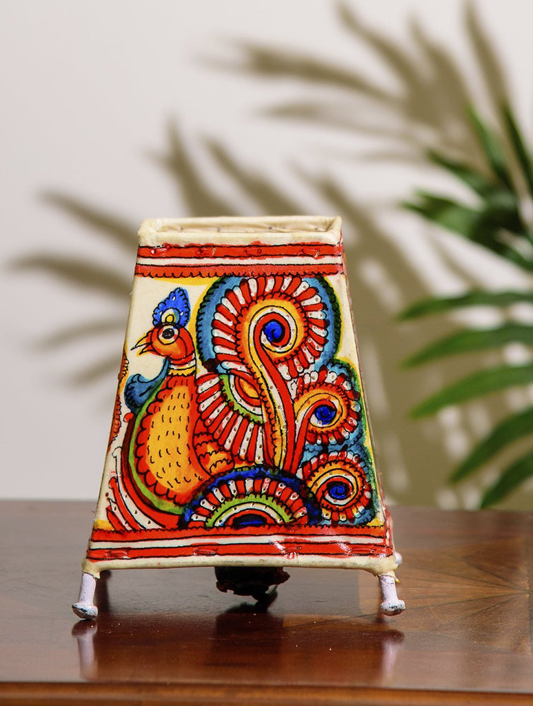 The India Craft House Andhra Multicoloured Painted Leather Table Lamp Shade - Bird Motif