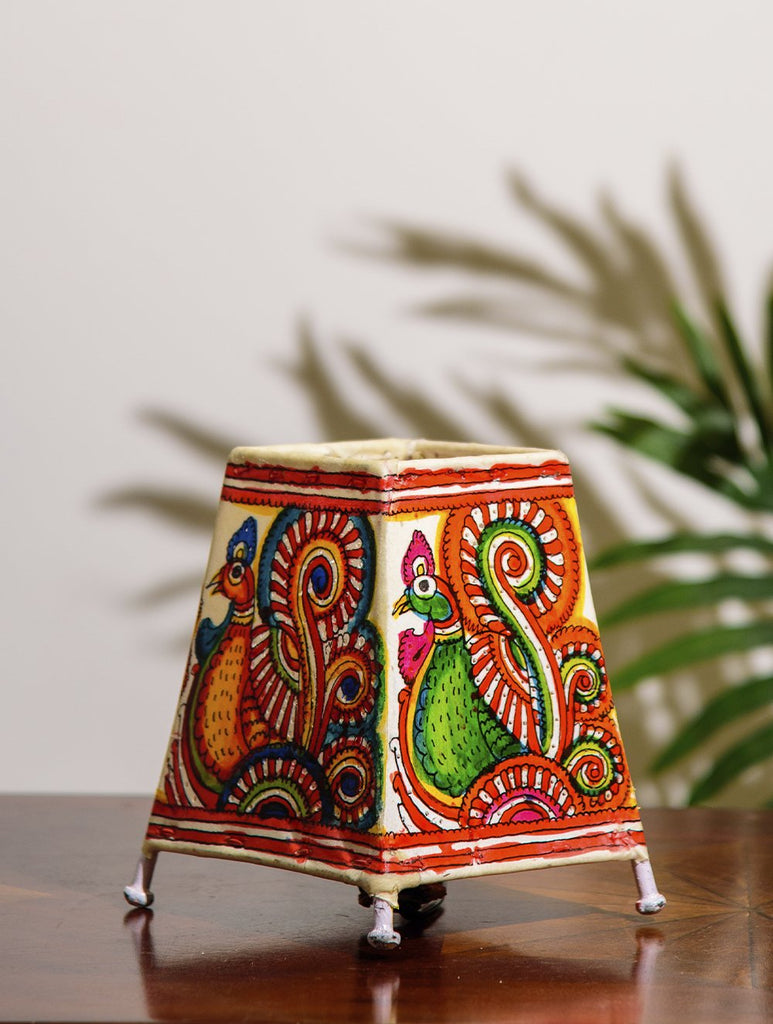 The India Craft House Andhra Multicoloured Painted Leather Table Lamp Shade - Bird Motif