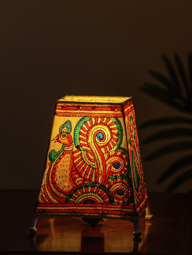 The India Craft House Andhra Multicoloured Painted Leather Table Lamp Shade - Bird Motif