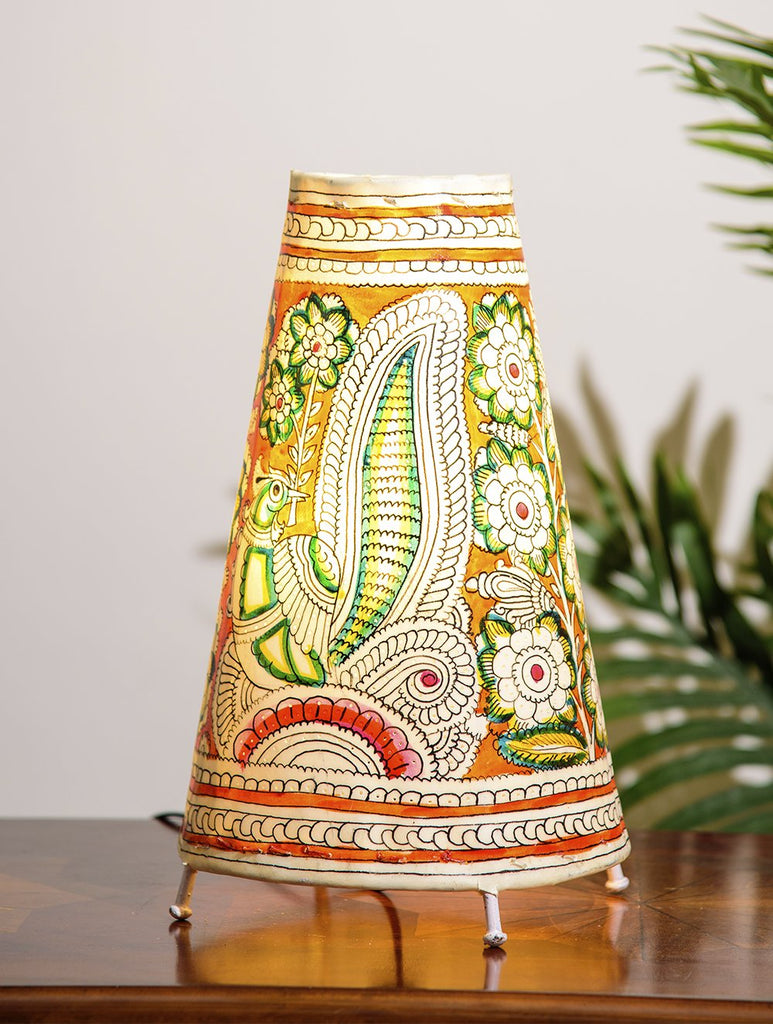 The India Craft House Andhra Multicoloured Painted Leather Table Lamp Shade - Bird & Floral Motif