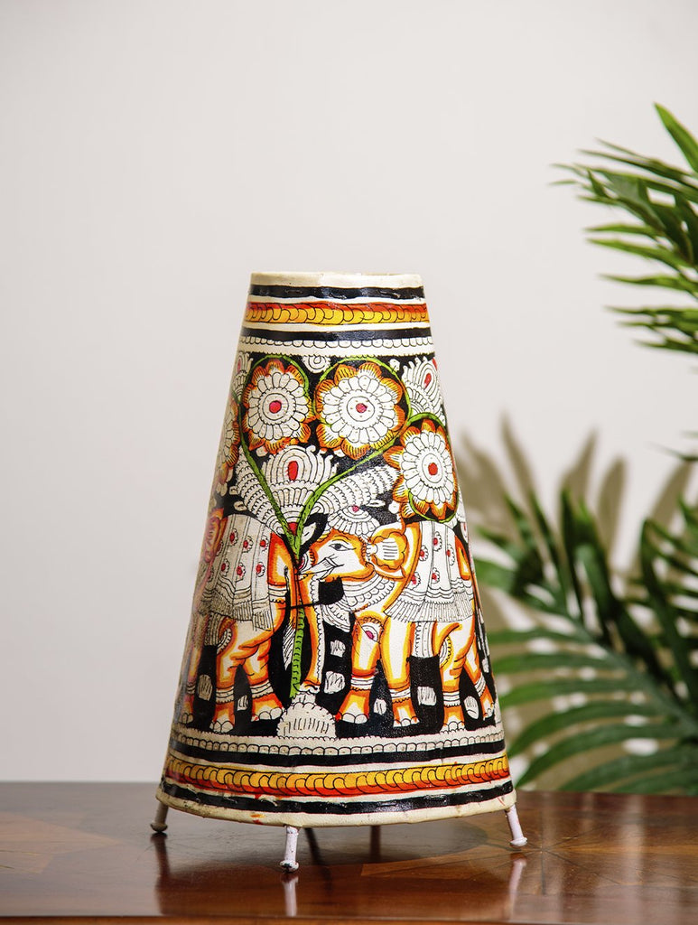 The India Craft House Andhra Multicoloured Painted Leather Table Lamp Shade - Elephant Motif
