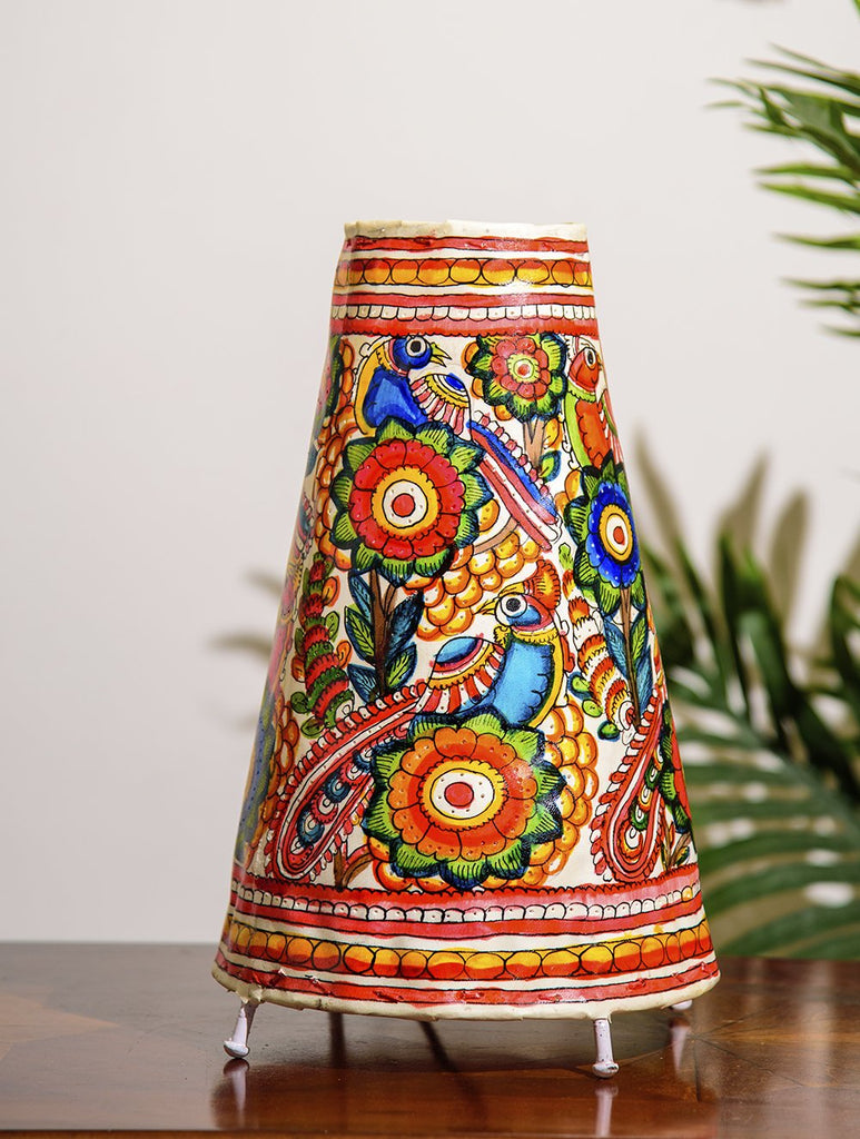 The India Craft House Andhra Multicoloured Painted Leather Table Lamp Shade - Floral Motif