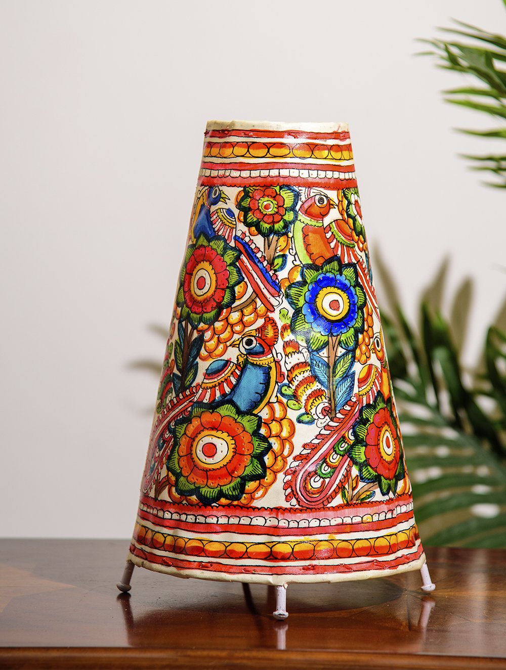 The India Craft House Andhra Multicoloured Painted Leather Table Lamp Shade - Floral Motif