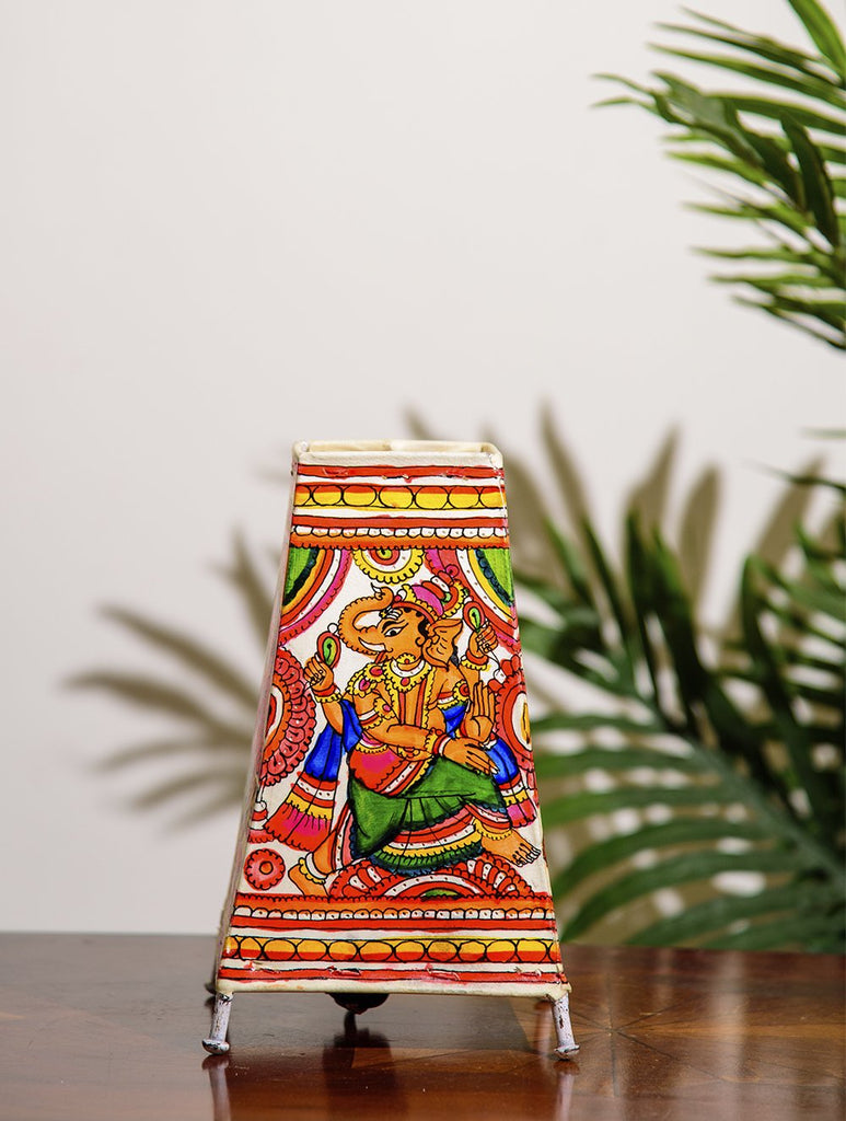 The India Craft House Andhra Multicoloured Painted Leather Table Lamp Shade - Ganesha