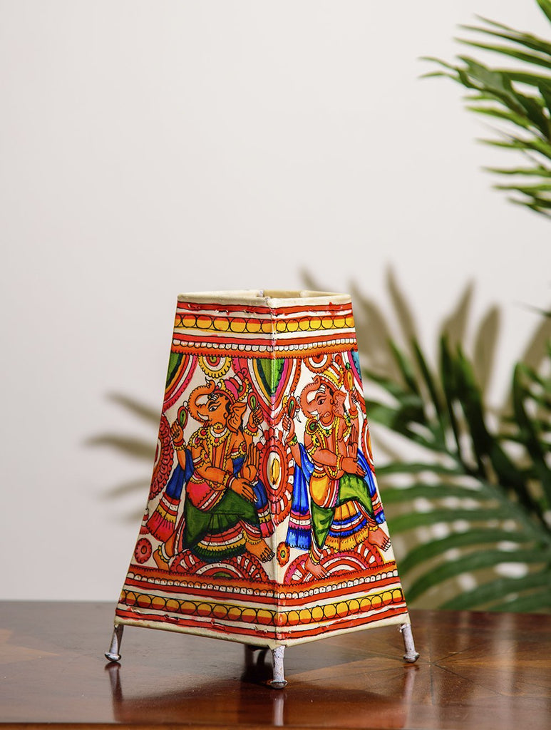 The India Craft House Andhra Multicoloured Painted Leather Table Lamp Shade - Ganesha