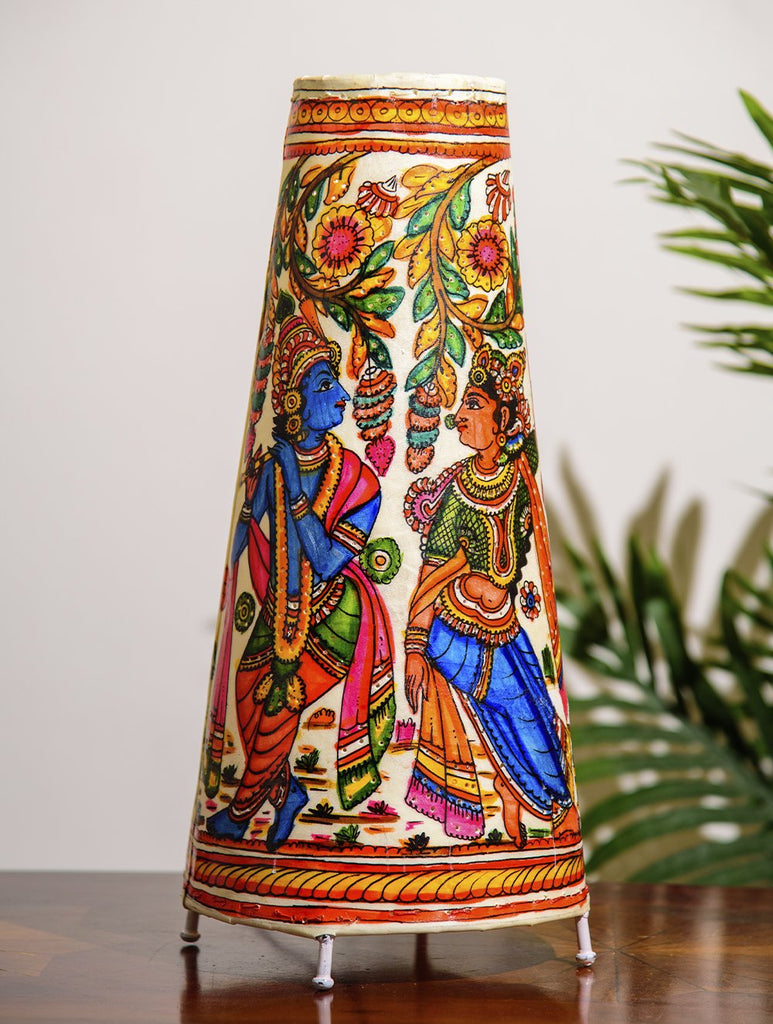 The India Craft House Andhra Multicoloured Painted Leather Table Lamp Shade - Krishna & Radha
