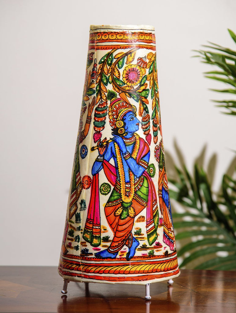 The India Craft House Andhra Multicoloured Painted Leather Table Lamp Shade - Krishna & Radha