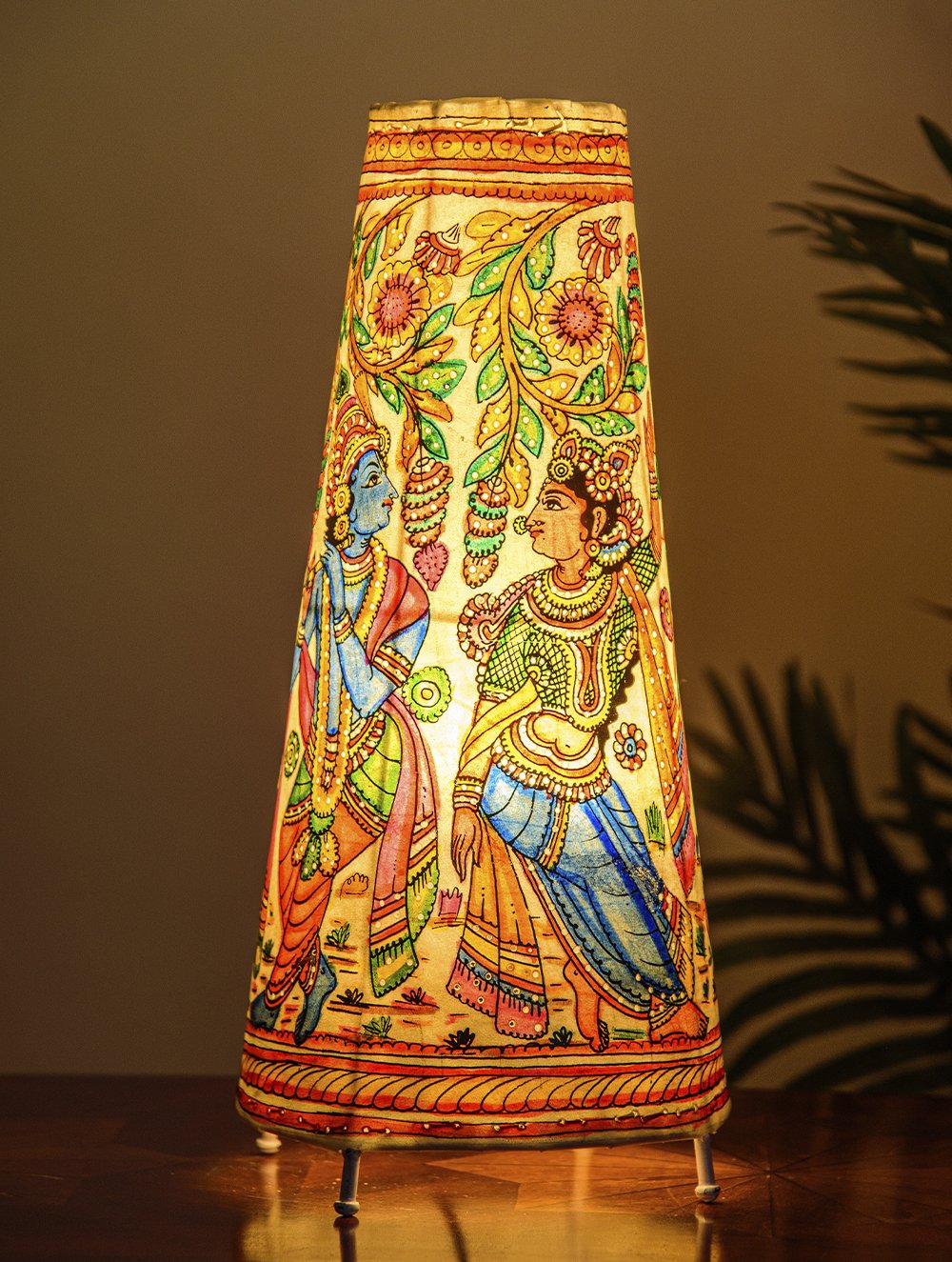 Load image into Gallery viewer, The India Craft House Andhra Multicoloured Painted Leather Table Lamp Shade - Krishna &amp; Radha