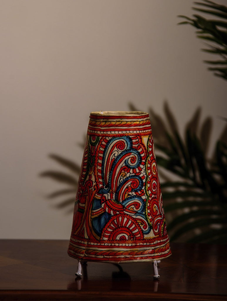 The India Craft House Andhra Multicoloured Painted Leather Table Lamp Shade - Peacock Motif