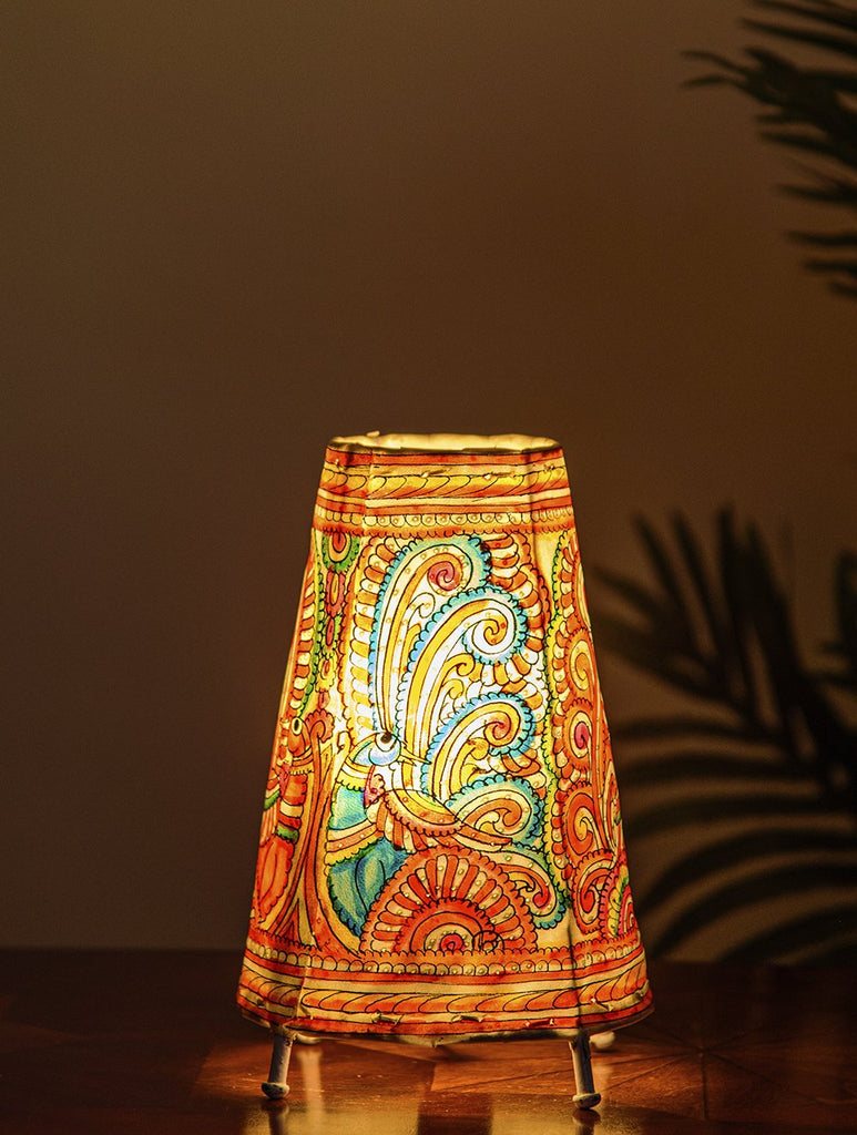 The India Craft House Andhra Multicoloured Painted Leather Table Lamp Shade - Peacock Motif