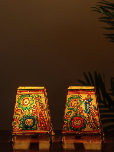 The India Craft House Andhra Multicoloured Painted Leather Table Lamp Shade - Set of 2
