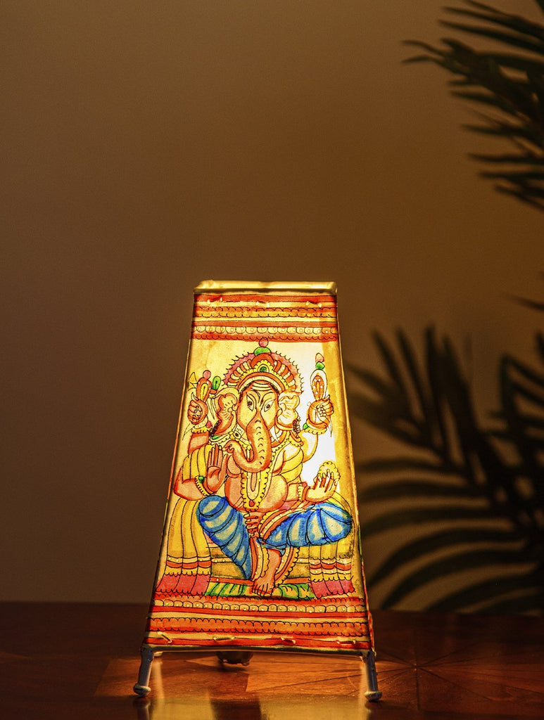 The India Craft House Andhra Multicoloured Painted Leather Table Lamp Shade - Vinayak Ganesha