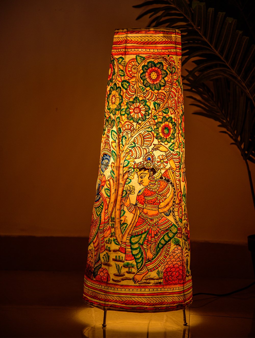 Load image into Gallery viewer, The India Craft House Andhra Multicoloured Painted Leather Table Lamp Shade - Vrindavan Krishna