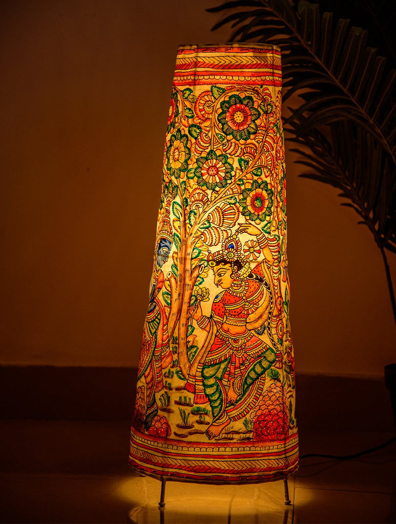 The India Craft House Andhra Multicoloured Painted Leather Table Lamp Shade - Vrindavan Krishna