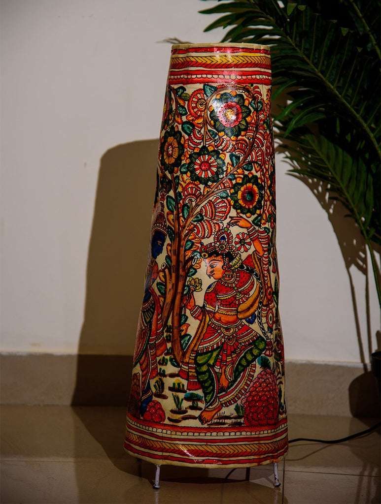 The India Craft House Andhra Multicoloured Painted Leather Table Lamp Shade - Vrindavan Krishna