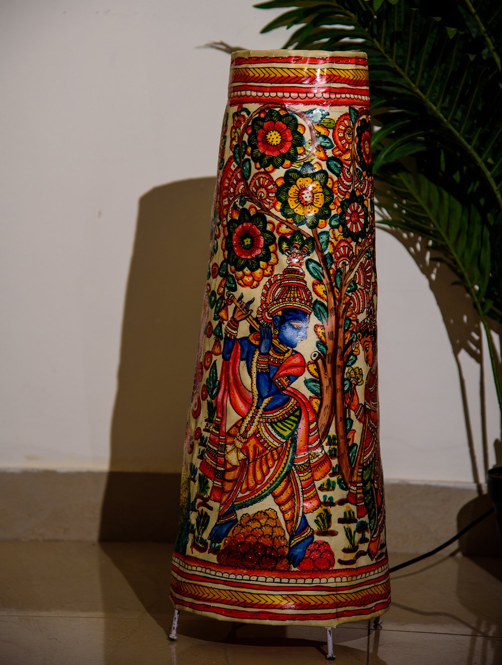 Load image into Gallery viewer, The India Craft House Andhra Multicoloured Painted Leather Table Lamp Shade - Vrindavan Krishna