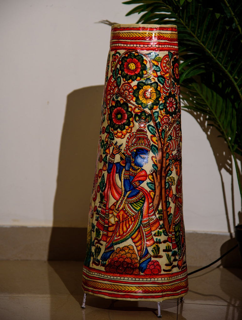 The India Craft House Andhra Multicoloured Painted Leather Table Lamp Shade - Vrindavan Krishna