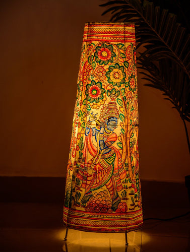 The India Craft House Andhra Multicoloured Painted Leather Table Lamp Shade - Vrindavan Krishna
