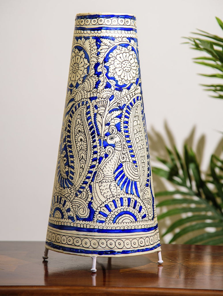 The India Craft House Andhra Tricolour Painted Leather Table Lamp Shade - Peacock Motif