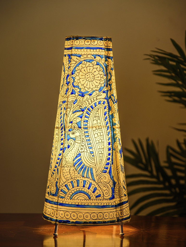 The India Craft House Andhra Tricolour Painted Leather Table Lamp Shade - Peacock Motif