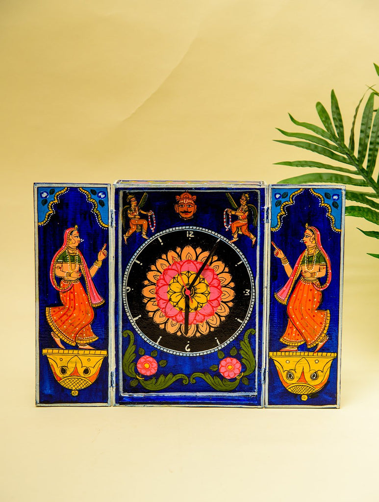 The India Craft House Handpainted Rajasthani Art Wooden Table Clock (Large)