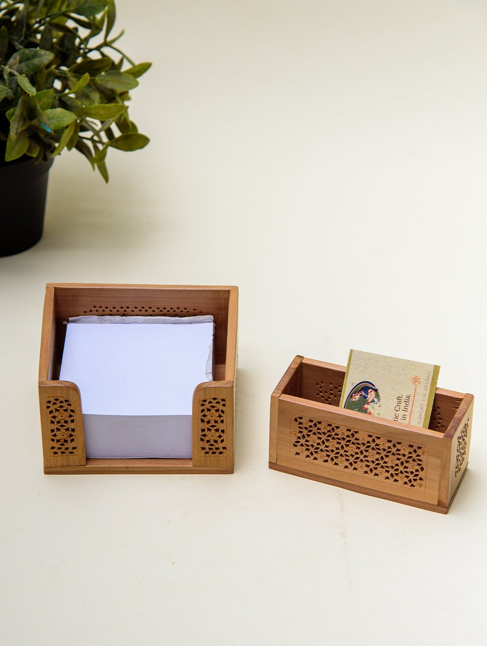 The India Craft House Intricate, Wooden Jaali Card and Paper Holder (Set of 2)