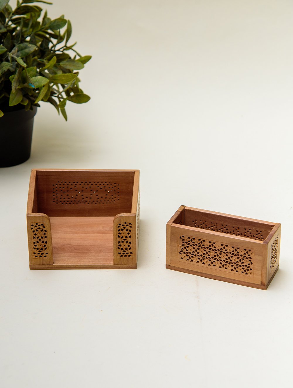 The India Craft House Intricate, Wooden Jaali Card and Paper Holder (Set of 2)