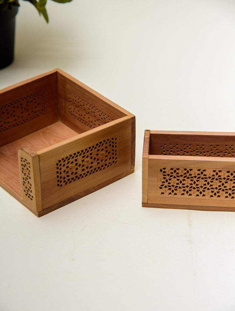 The India Craft House Intricate, Wooden Jaali Card and Paper Holder (Set of 2)