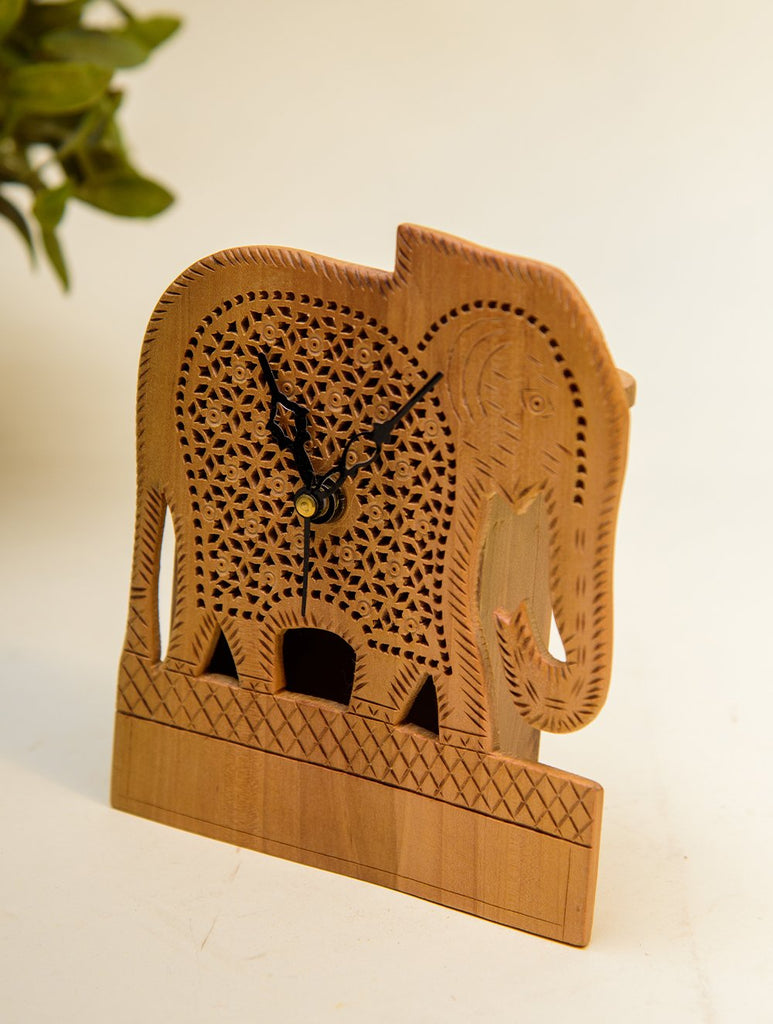 The India Craft House Intricate, Wooden Jaali Elephant Desk Clock