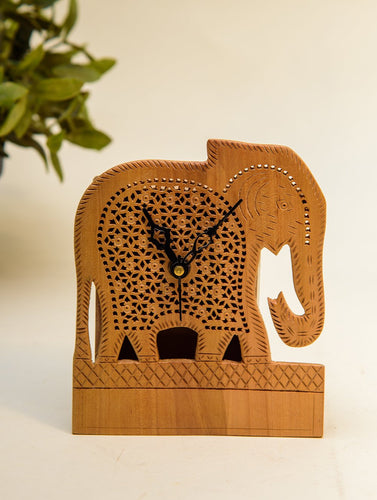 The India Craft House Intricate, Wooden Jaali Elephant Desk Clock