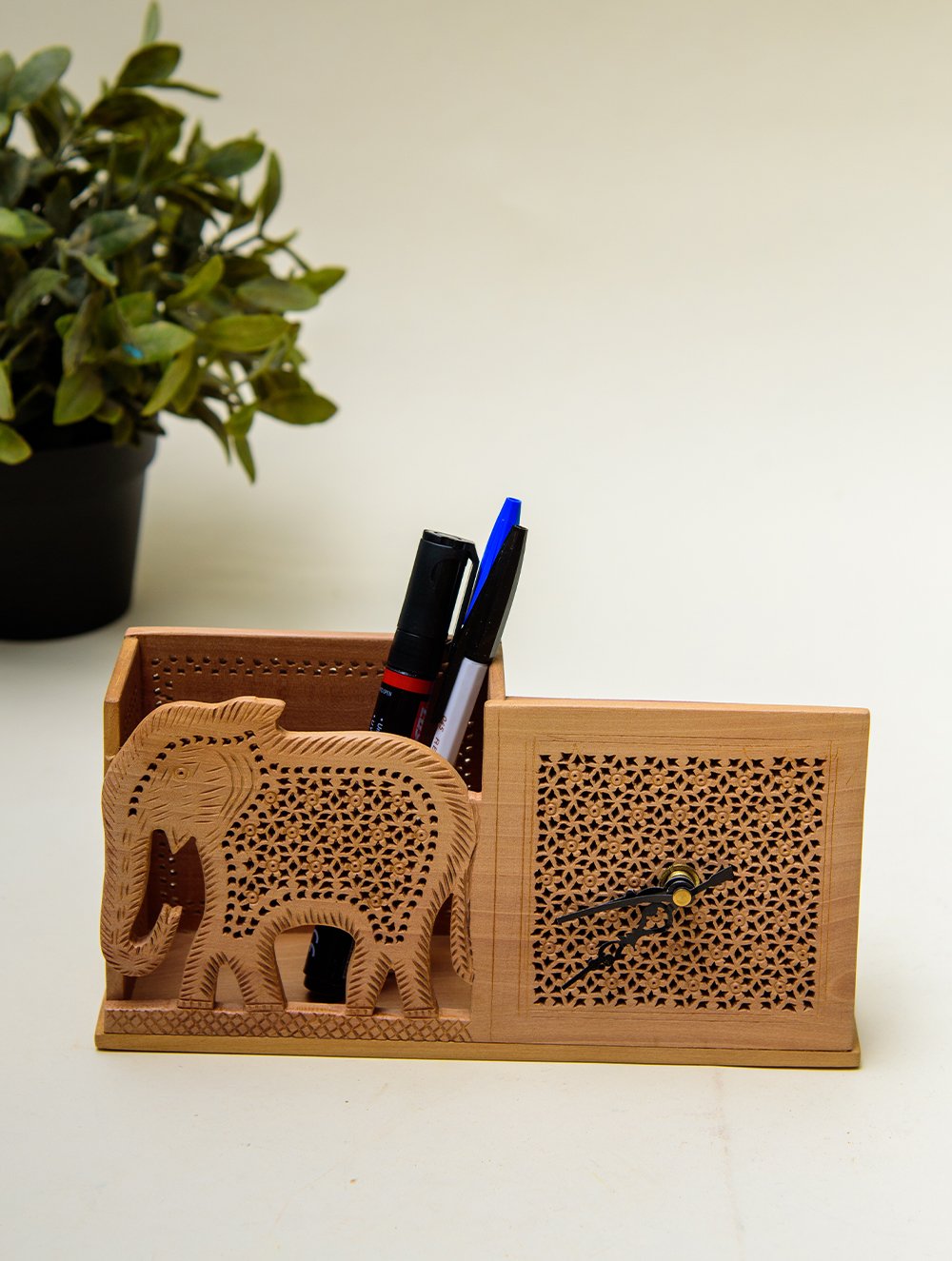 Load image into Gallery viewer, The India Craft House Intricate, Wooden Jaali Elephant Pen Stand with Clock