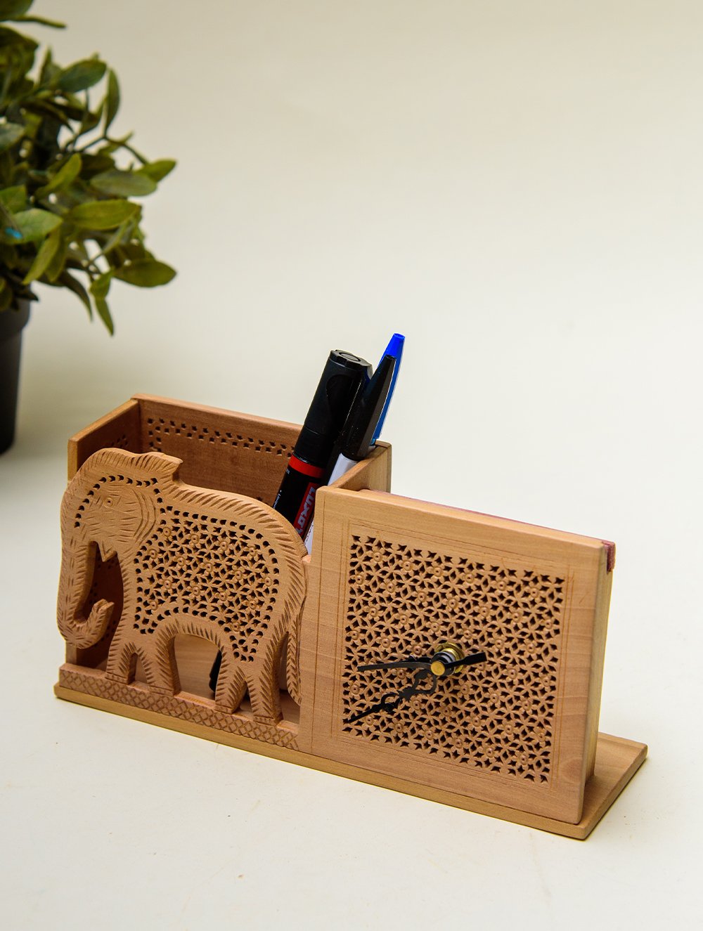 Load image into Gallery viewer, The India Craft House Intricate, Wooden Jaali Elephant Pen Stand with Clock