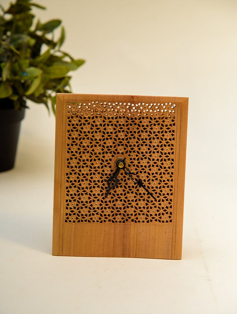 The India Craft House Intricate, Wooden Jaali Rectangle Desk Clock