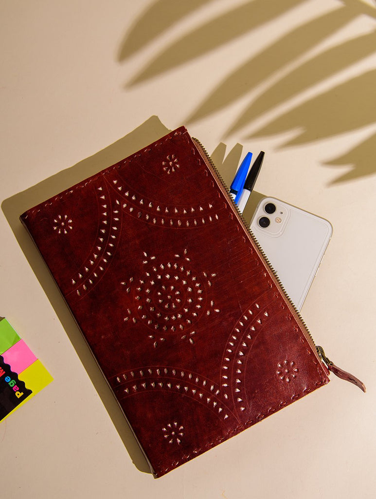 The India Craft House Jawaja Handmade Leather Journal with Zipper and Cutwork Detail