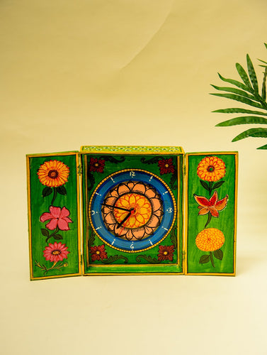 The India Craft House Rajasthani Art Handpainted Floral Wooden Table Clock (Small)