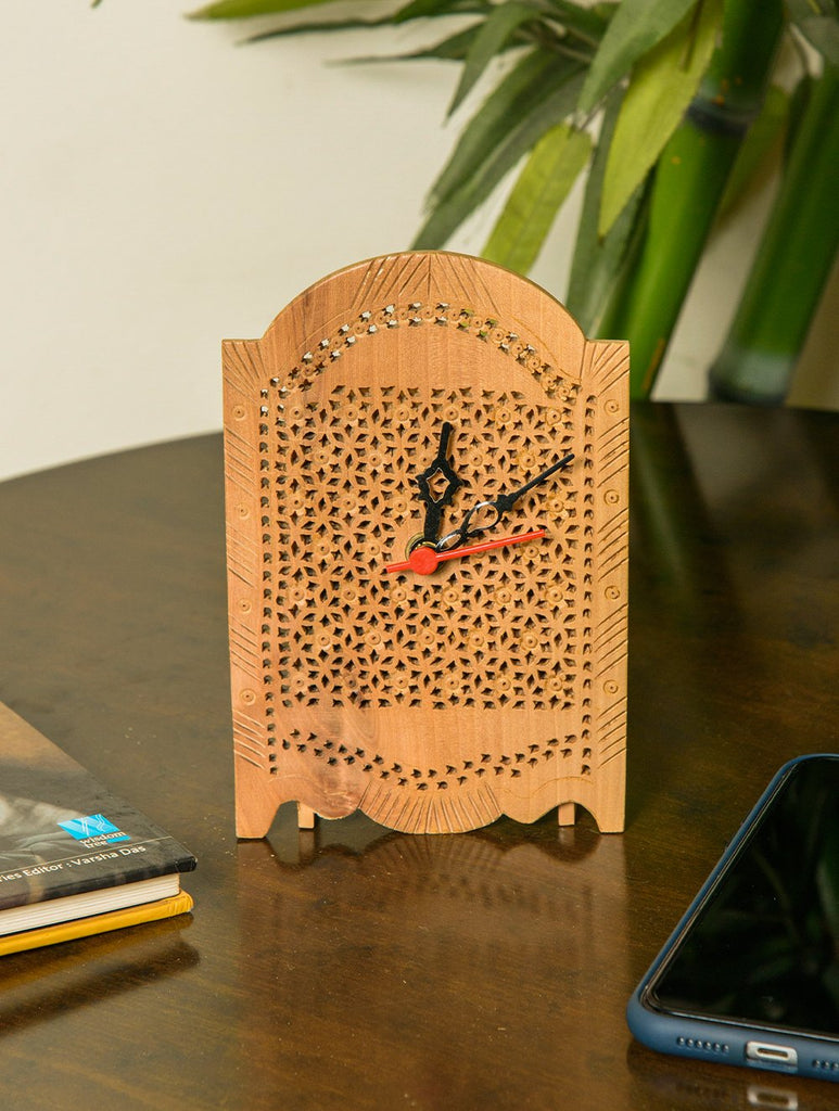 The India Craft House Wooden Jaali Desk Clock