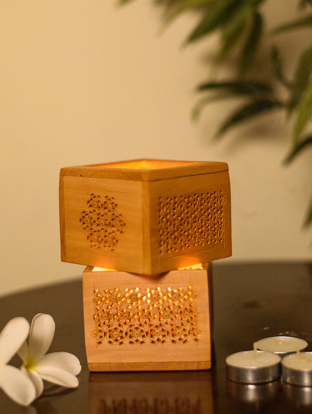 The India Craft House Wooden Jaali Tealight Covers - (Set of 2)